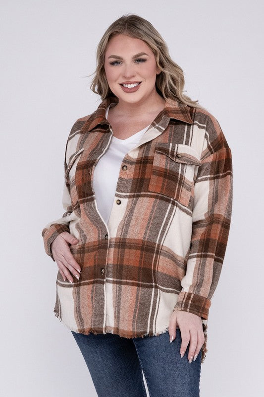 Plus Size Yarn Dyed Plaid Shirt Jacket